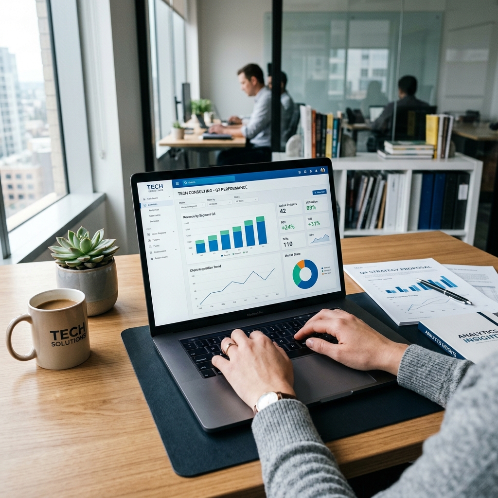 Business professional using a data analytics dashboard on a laptop