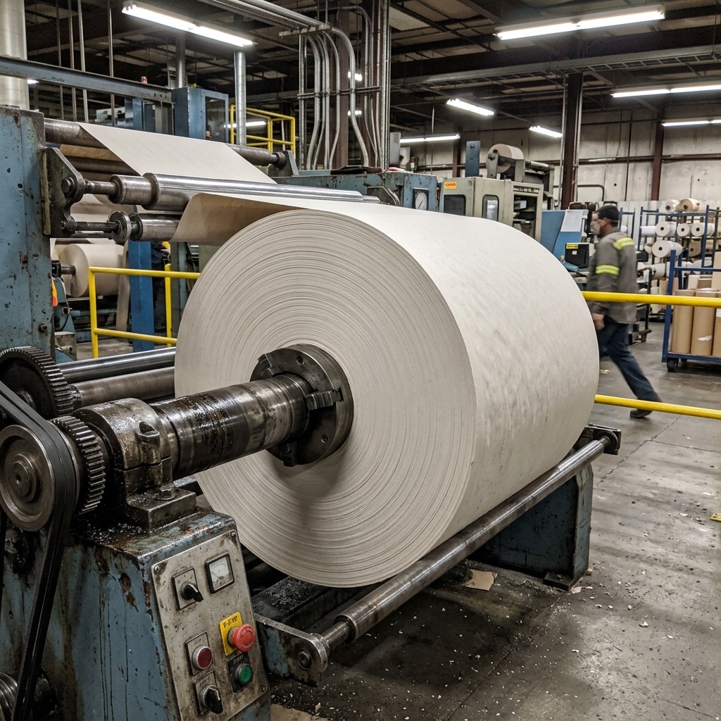 Large paper converting and winding machine in a manufacturing plant