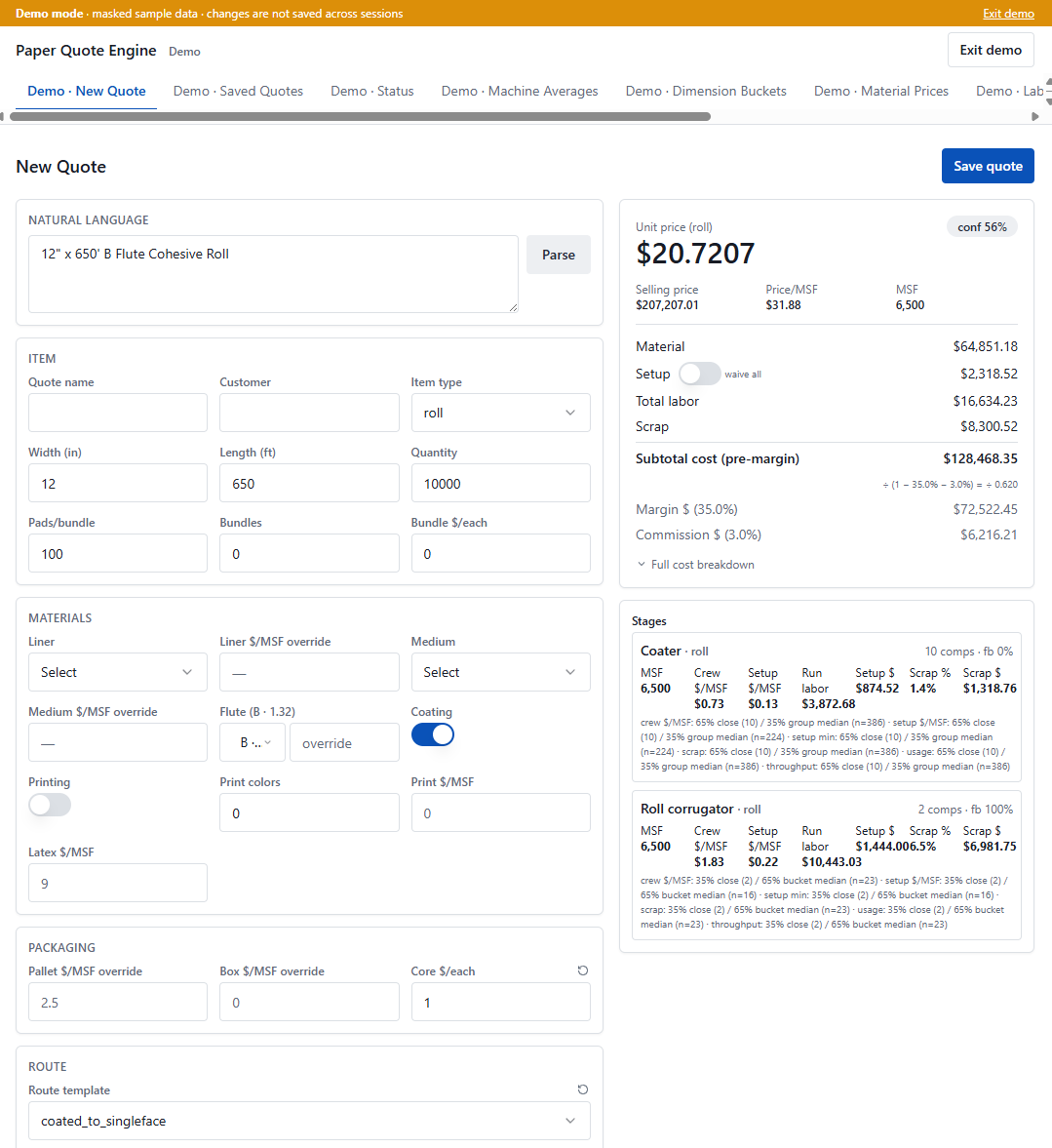 Paper Quote Engine Demo Interface
